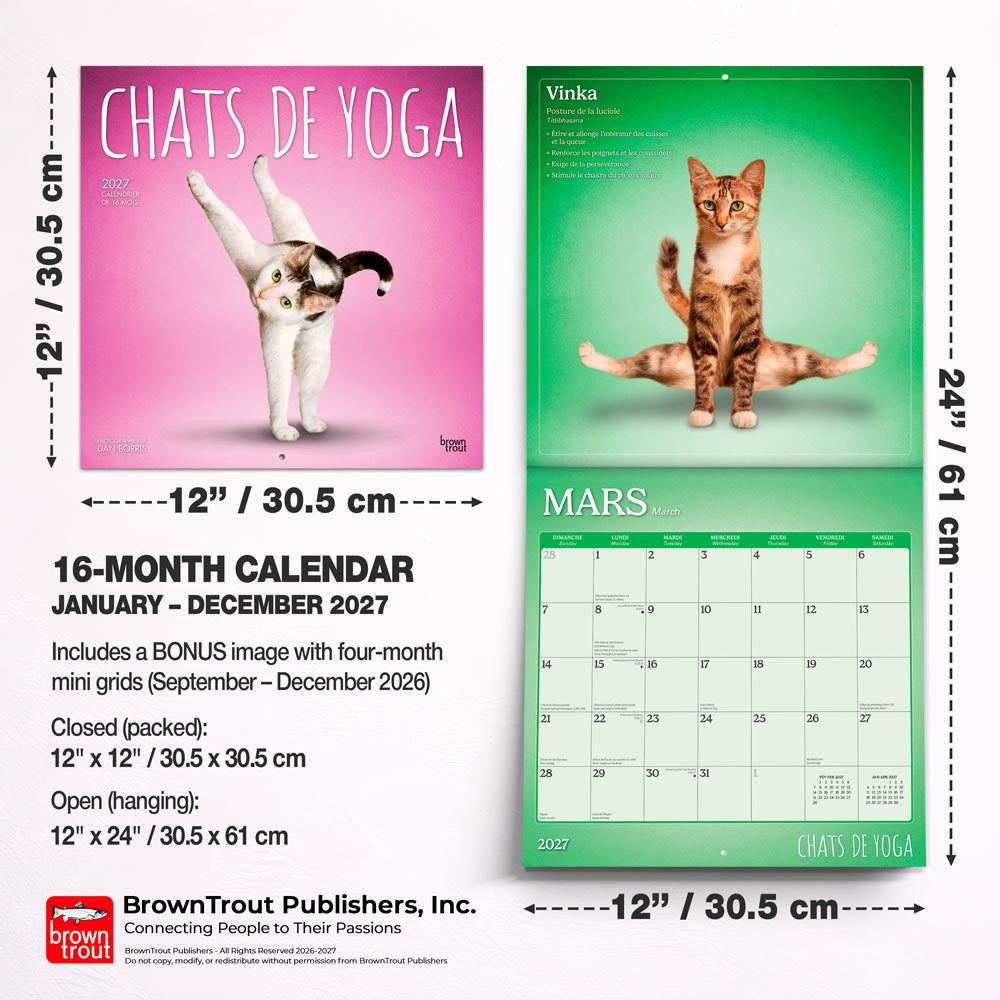 Chats de Yoga OFFICIEL | 2027 12 x 24 Inch (Hanging) Monthly Square Wall Calendar | French Language