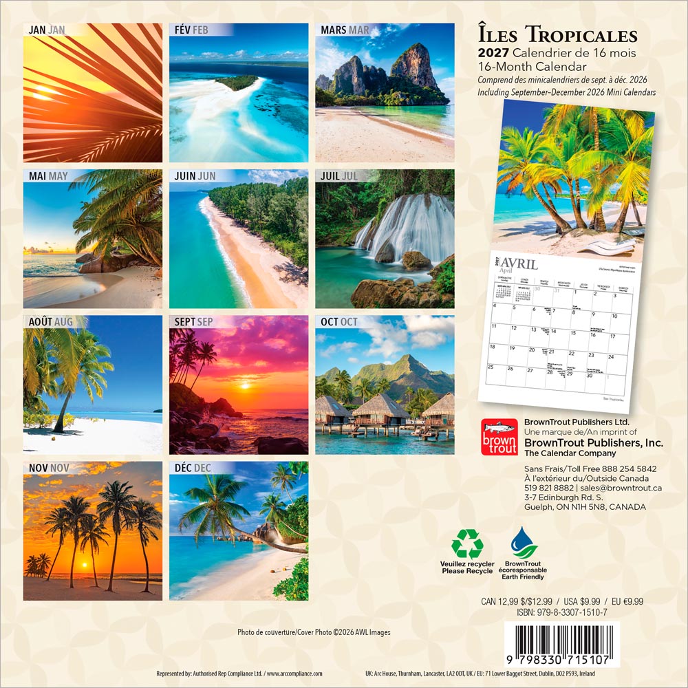 Îles Tropicales | 2027 7 x 14 Inch (Hanging) Monthly Mini Wall Calendar | French Language