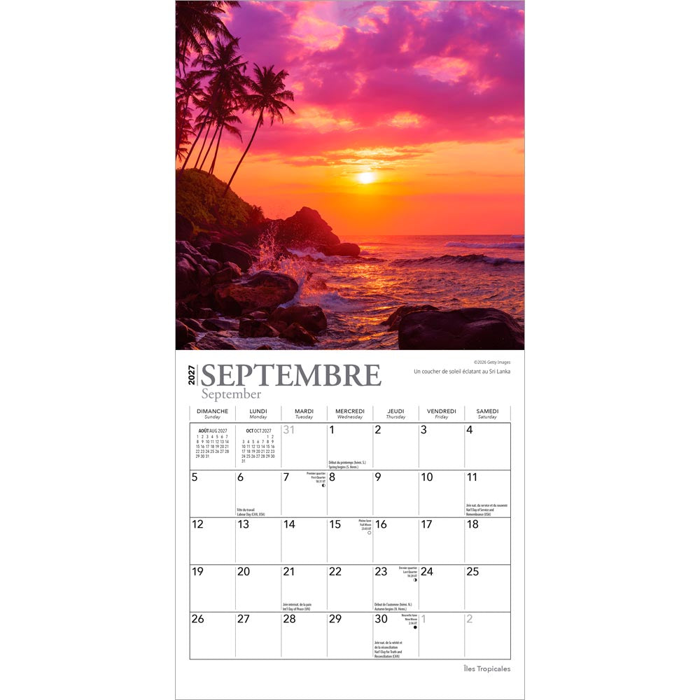 Îles Tropicales | 2027 7 x 14 Inch (Hanging) Monthly Mini Wall Calendar | French Language