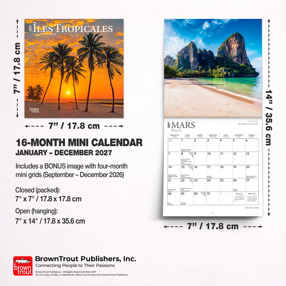 Îles Tropicales | 2027 7 x 14 Inch (Hanging) Monthly Mini Wall Calendar | French Language