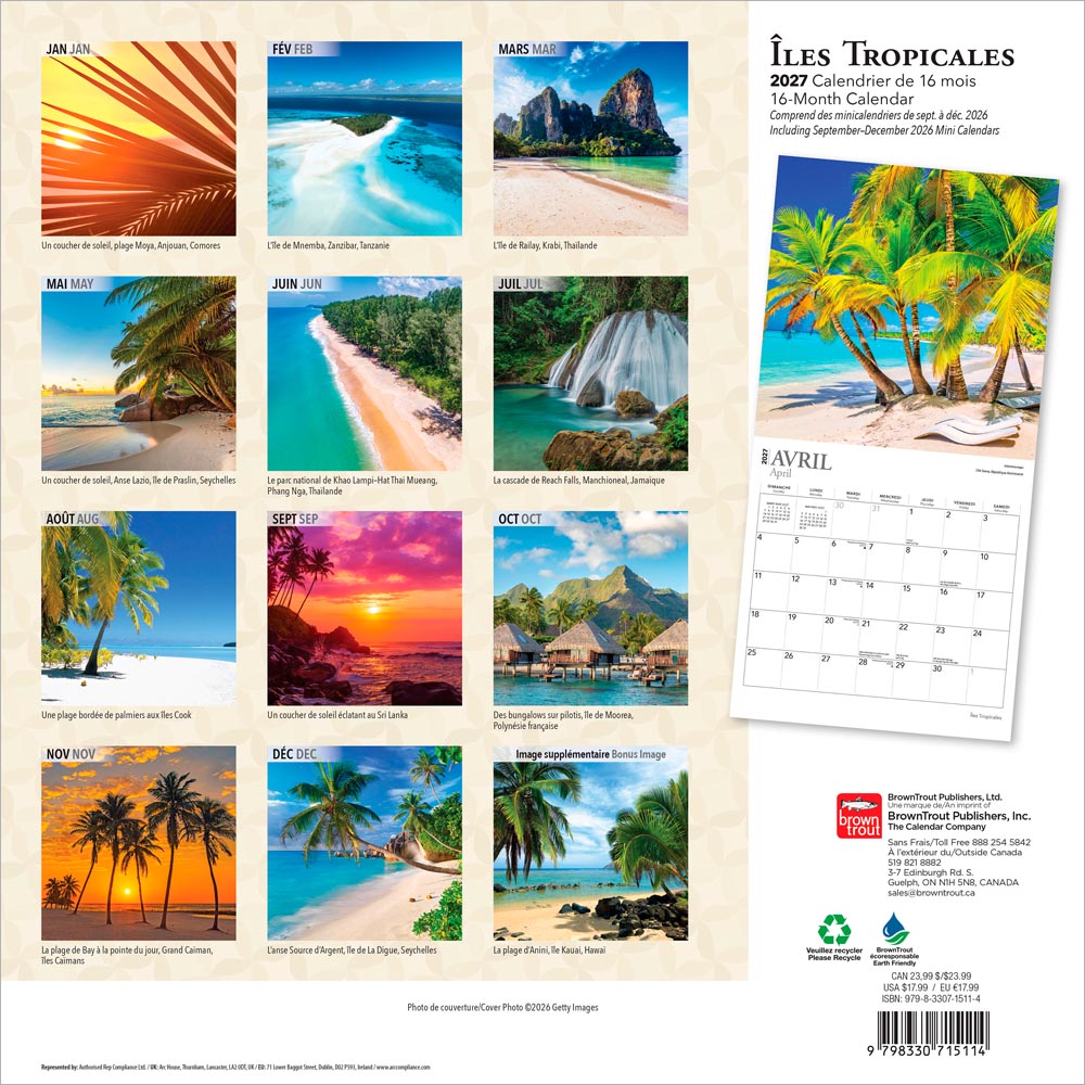 Îles Tropicales | 2027 12 x 24 Inch (Hanging) Monthly Square Wall Calendar | French Language