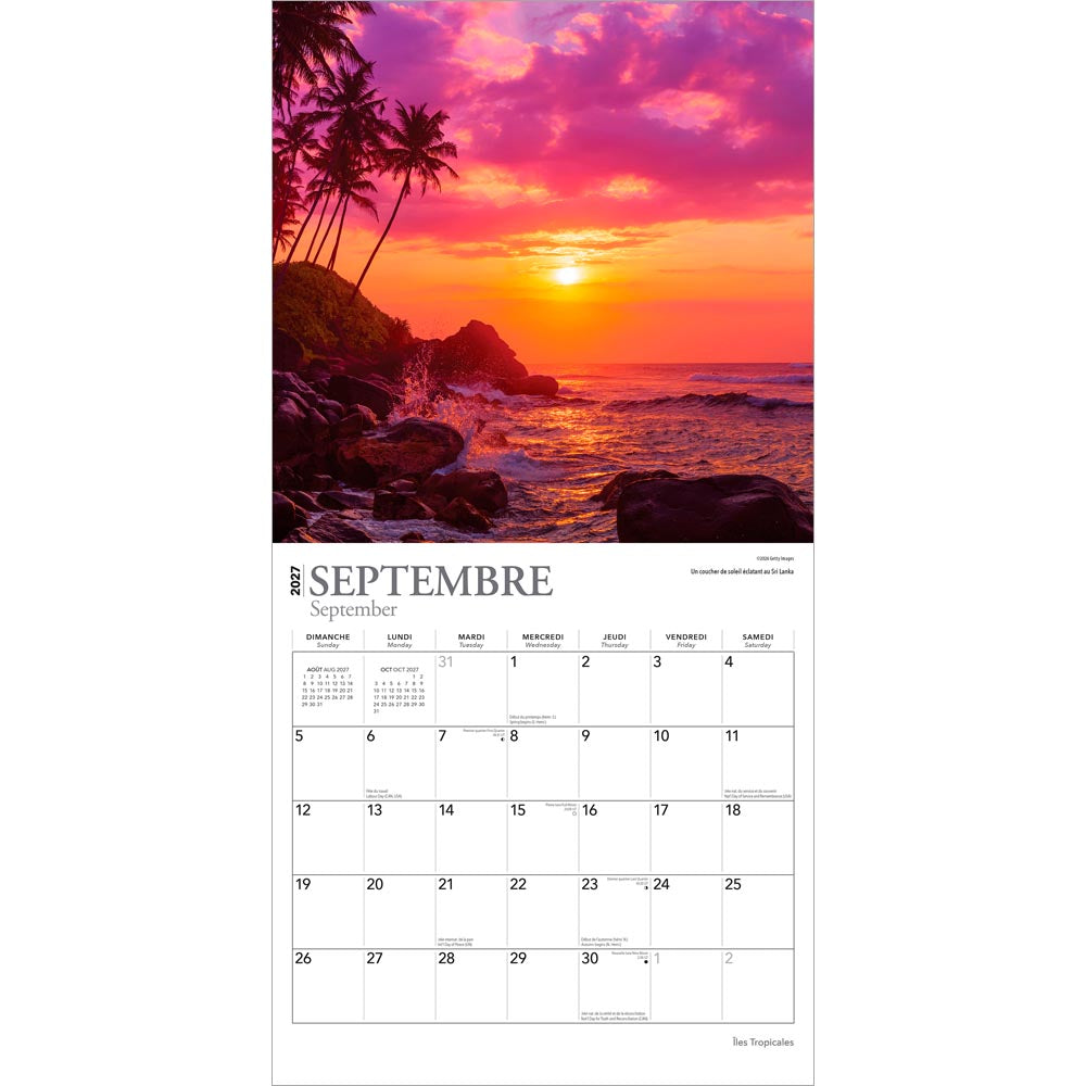 Îles Tropicales | 2027 12 x 24 Inch (Hanging) Monthly Square Wall Calendar | French Language