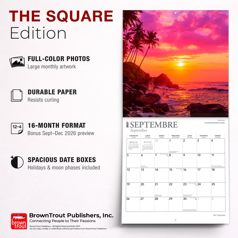 Îles Tropicales | 2027 12 x 24 Inch (Hanging) Monthly Square Wall Calendar | French Language