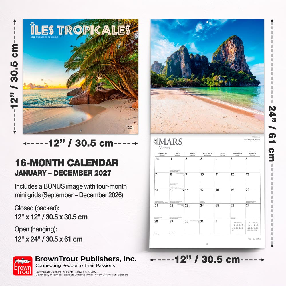 Îles Tropicales | 2027 12 x 24 Inch (Hanging) Monthly Square Wall Calendar | French Language