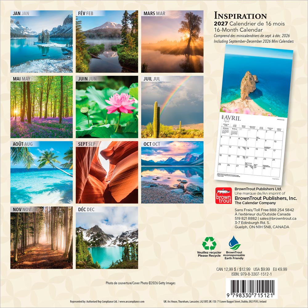 Inspiration | 2027 7 x 14 Inch (Hanging) Monthly Mini Wall Calendar | French Language