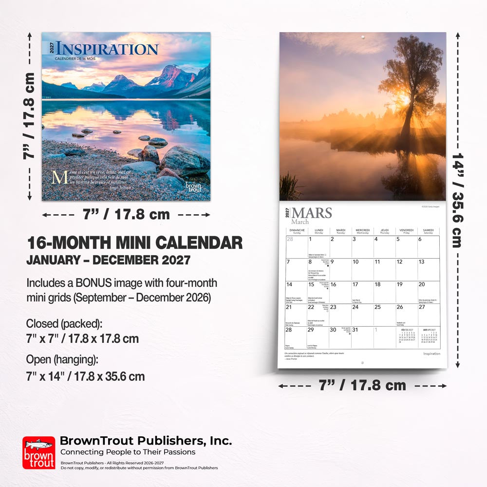 Inspiration | 2027 7 x 14 Inch (Hanging) Monthly Mini Wall Calendar | French Language