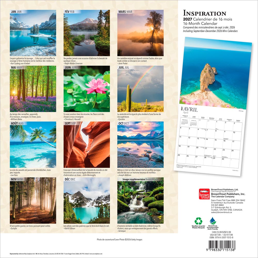 Inspiration | 2027 12 x 24 Inch (Hanging) Monthly Square Wall Calendar | French Language