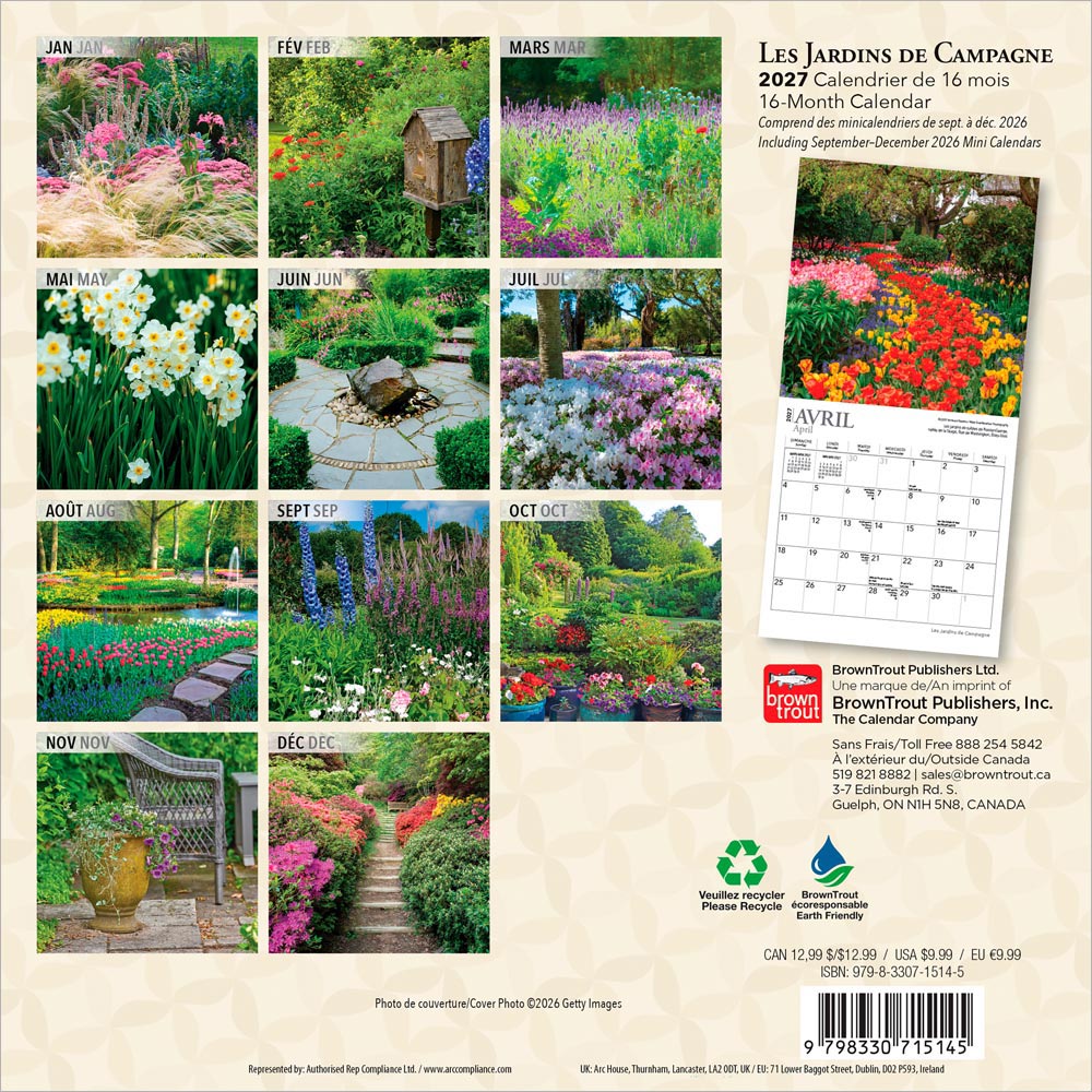 Les Jardins de Campagne | 2027 7 x 14 Inch (Hanging) Monthly Mini Wall Calendar | French Language
