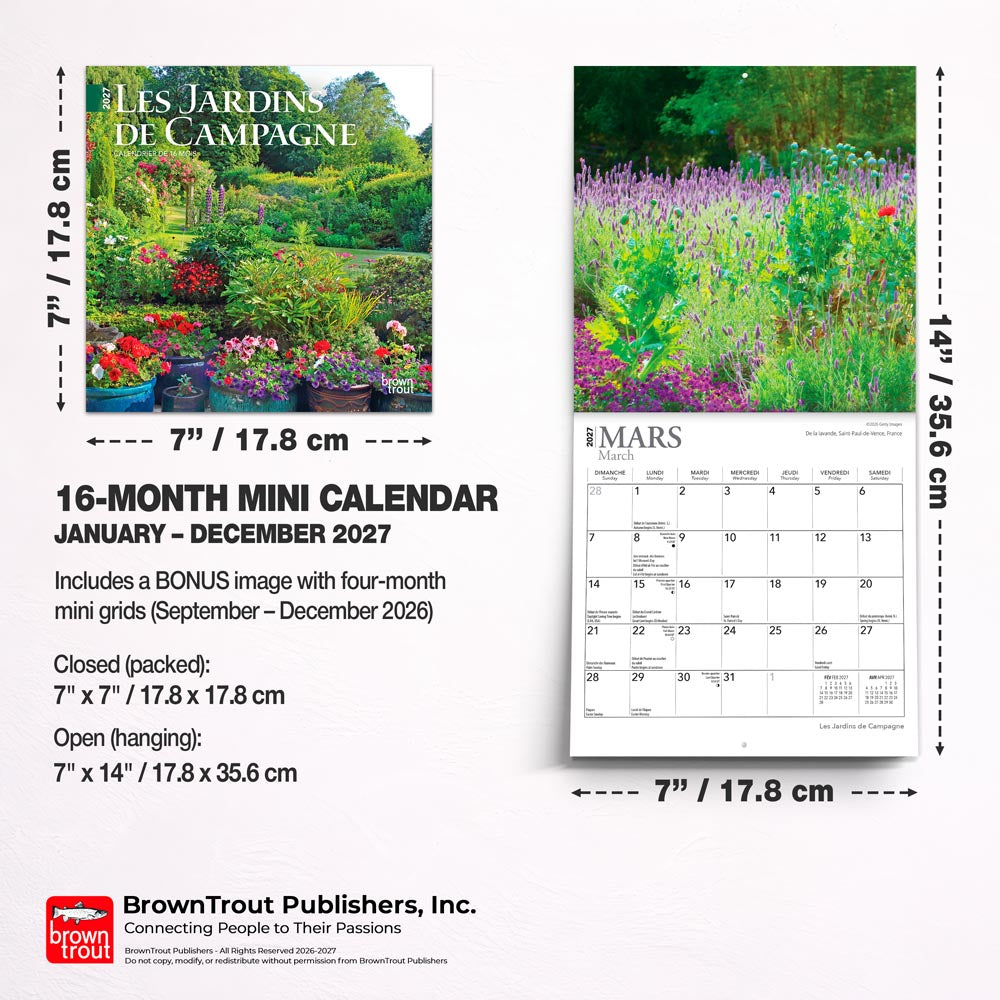Les Jardins de Campagne | 2027 7 x 14 Inch (Hanging) Monthly Mini Wall Calendar | French Language