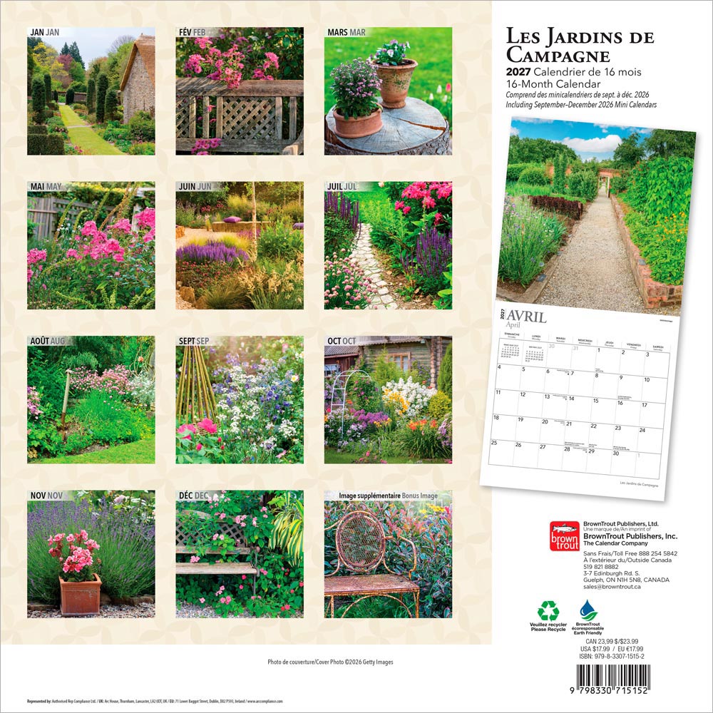 Les Jardins de Campagne | 2027 12 x 24 Inch (Hanging) Monthly Square Wall Calendar | French Language
