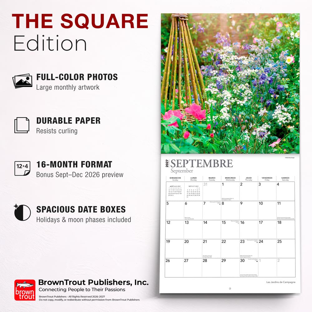 Les Jardins de Campagne | 2027 12 x 24 Inch (Hanging) Monthly Square Wall Calendar | French Language