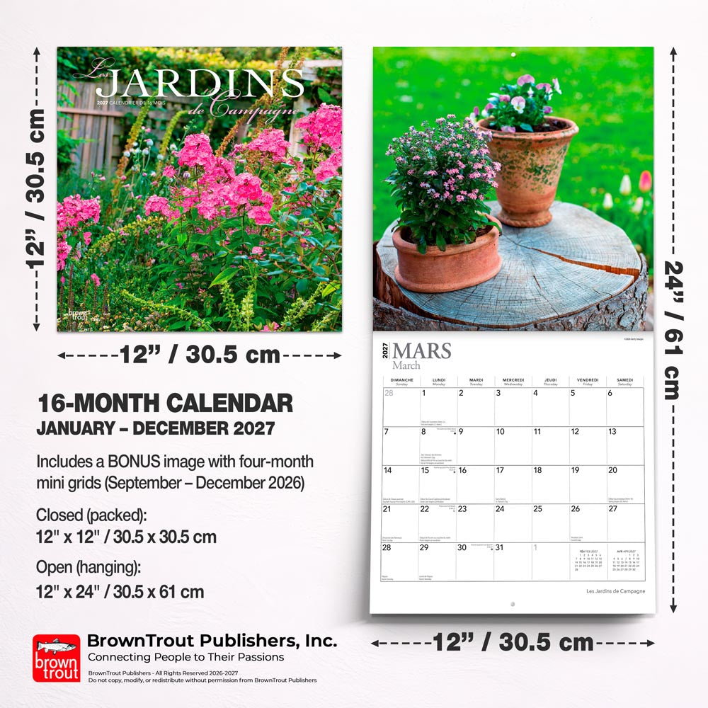 Les Jardins de Campagne | 2027 12 x 24 Inch (Hanging) Monthly Square Wall Calendar | French Language