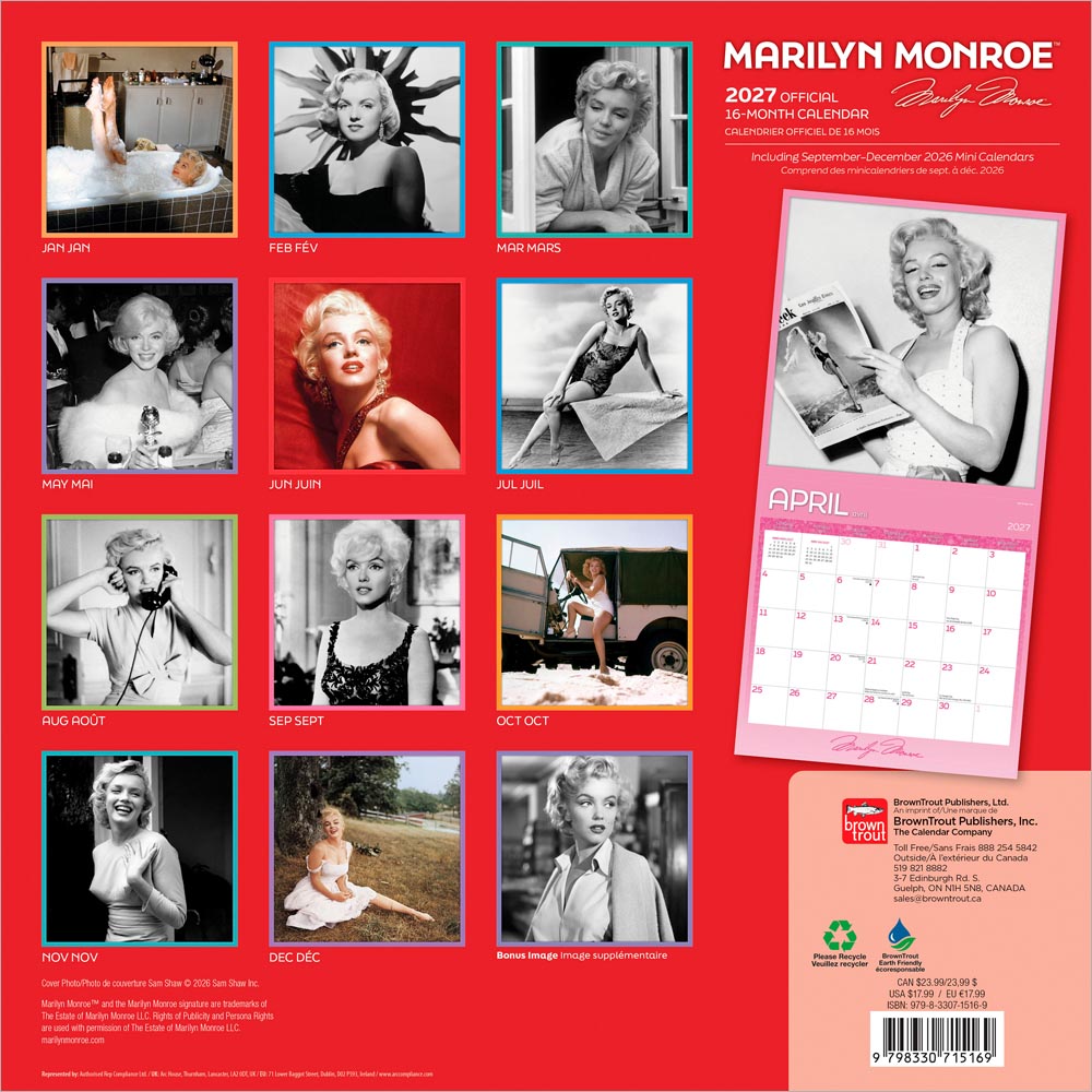 Marilyn Monroe OFFICIAL | 2027 12 x 24 Inch (Hanging) Monthly Square Wall Calendar | English/French Bilingual
