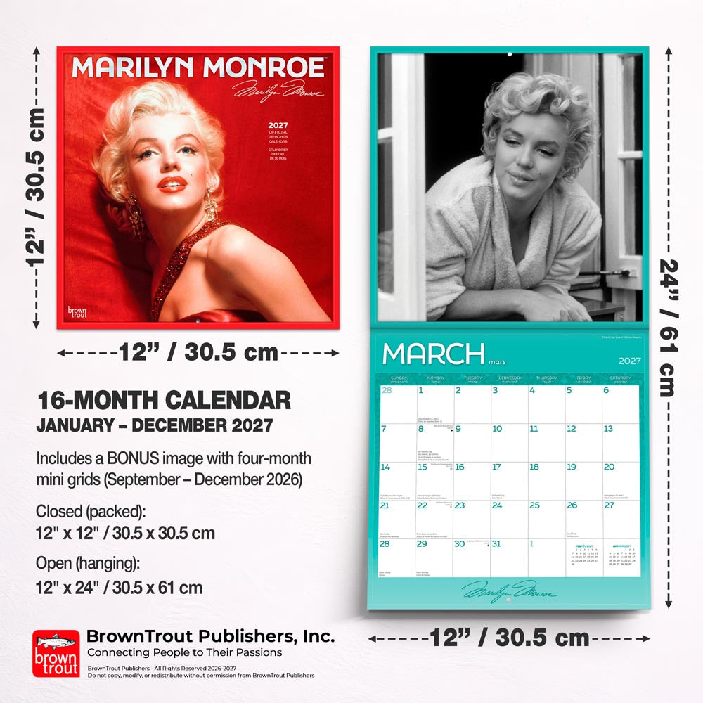 Marilyn Monroe OFFICIAL | 2027 12 x 24 Inch (Hanging) Monthly Square Wall Calendar | English/French Bilingual