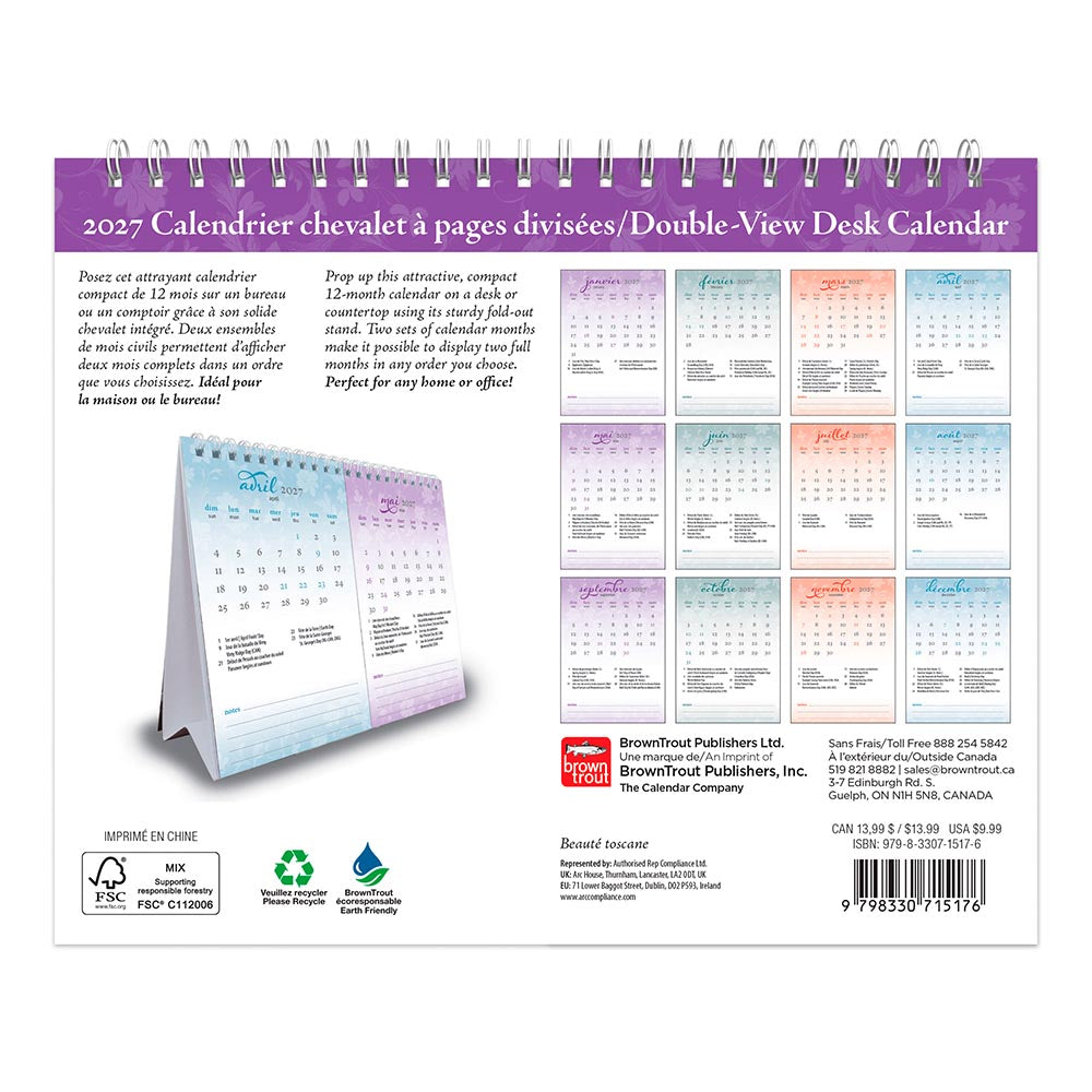 Beaute Toscane | 2027 7.5 x 6 Inch Monthly Double-View Easel Desk Calendar | French Language