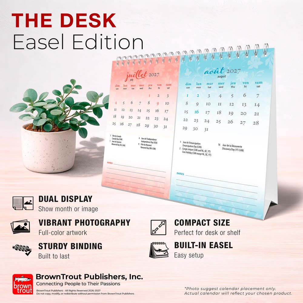 Beaute Toscane | 2027 7.5 x 6 Inch Monthly Double-View Easel Desk Calendar | French Language