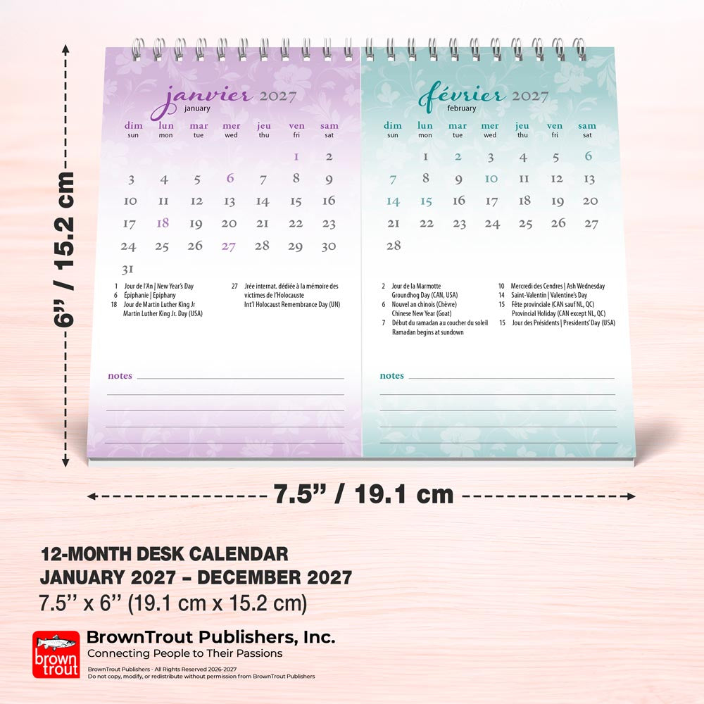 Beaute Toscane | 2027 7.5 x 6 Inch Monthly Double-View Easel Desk Calendar | French Language