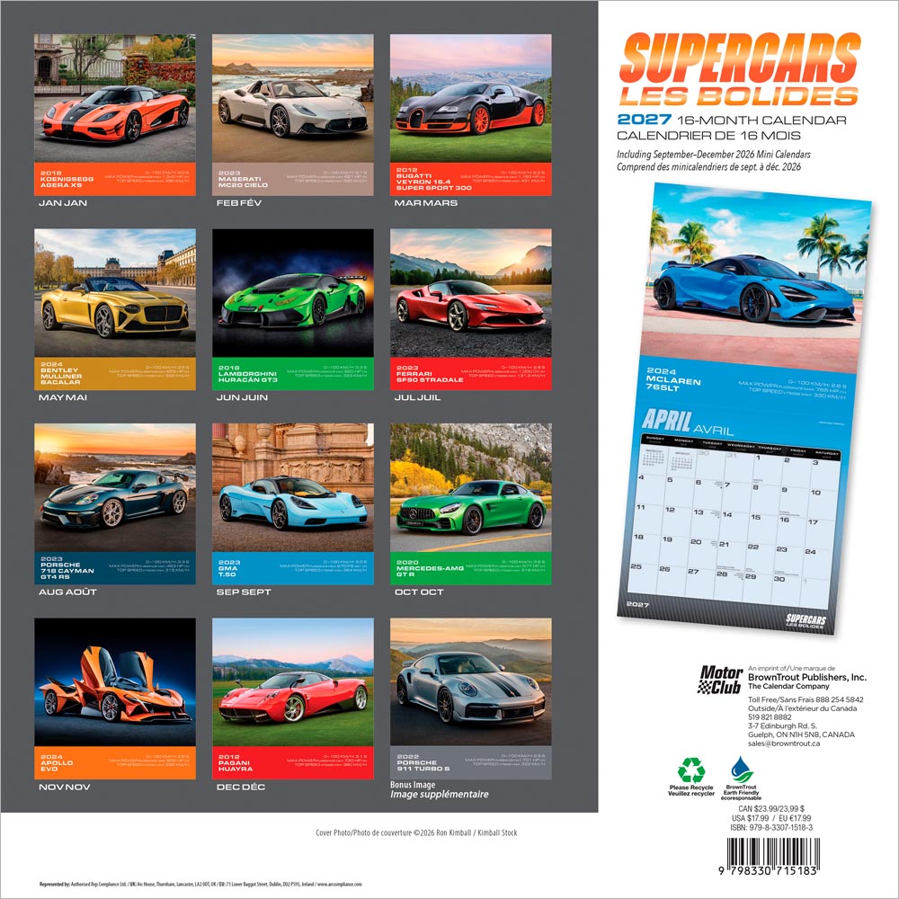 Supercars | 2027 12 x 24 Inch (Hanging) Monthly Square Wall Calendar | English/French Bilingual