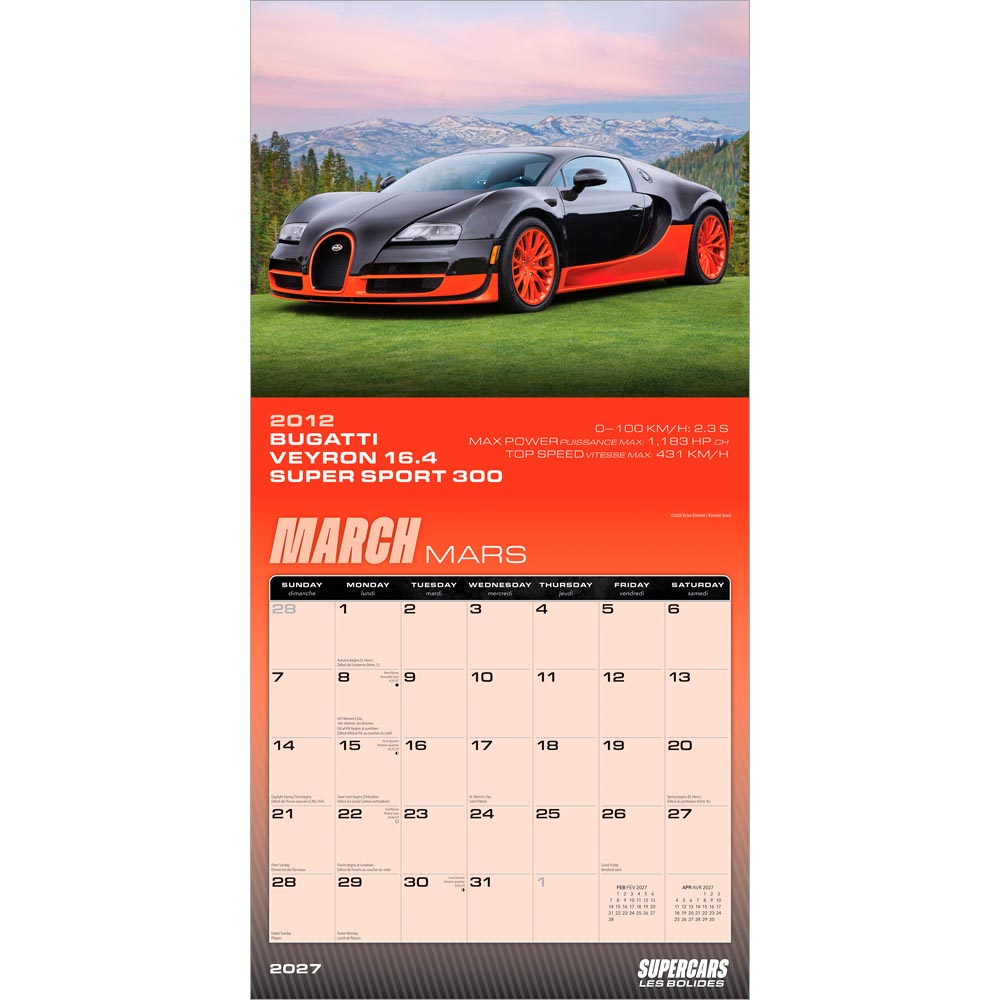 Supercars | 2027 12 x 24 Inch (Hanging) Monthly Square Wall Calendar | English/French Bilingual
