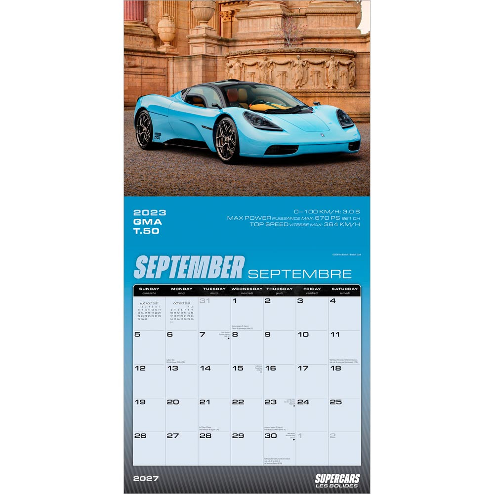 Supercars | 2027 12 x 24 Inch (Hanging) Monthly Square Wall Calendar | English/French Bilingual