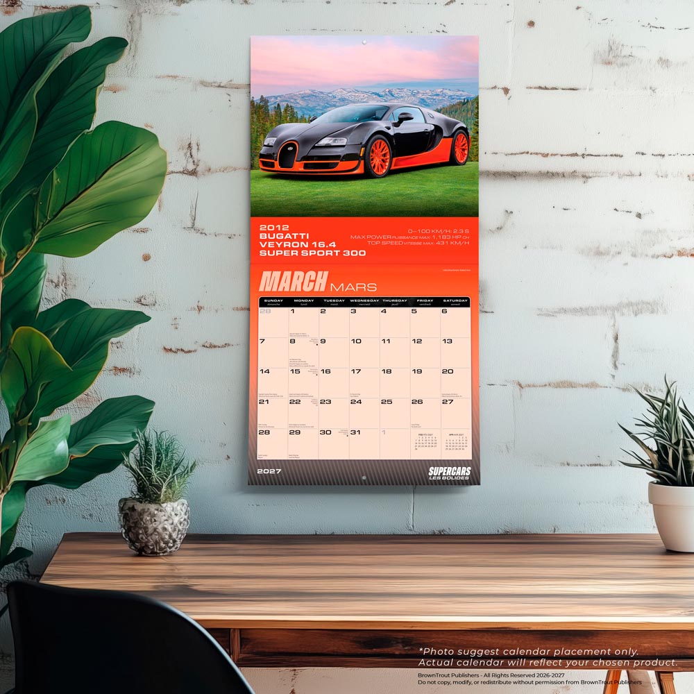 Supercars | 2027 12 x 24 Inch (Hanging) Monthly Square Wall Calendar | English/French Bilingual