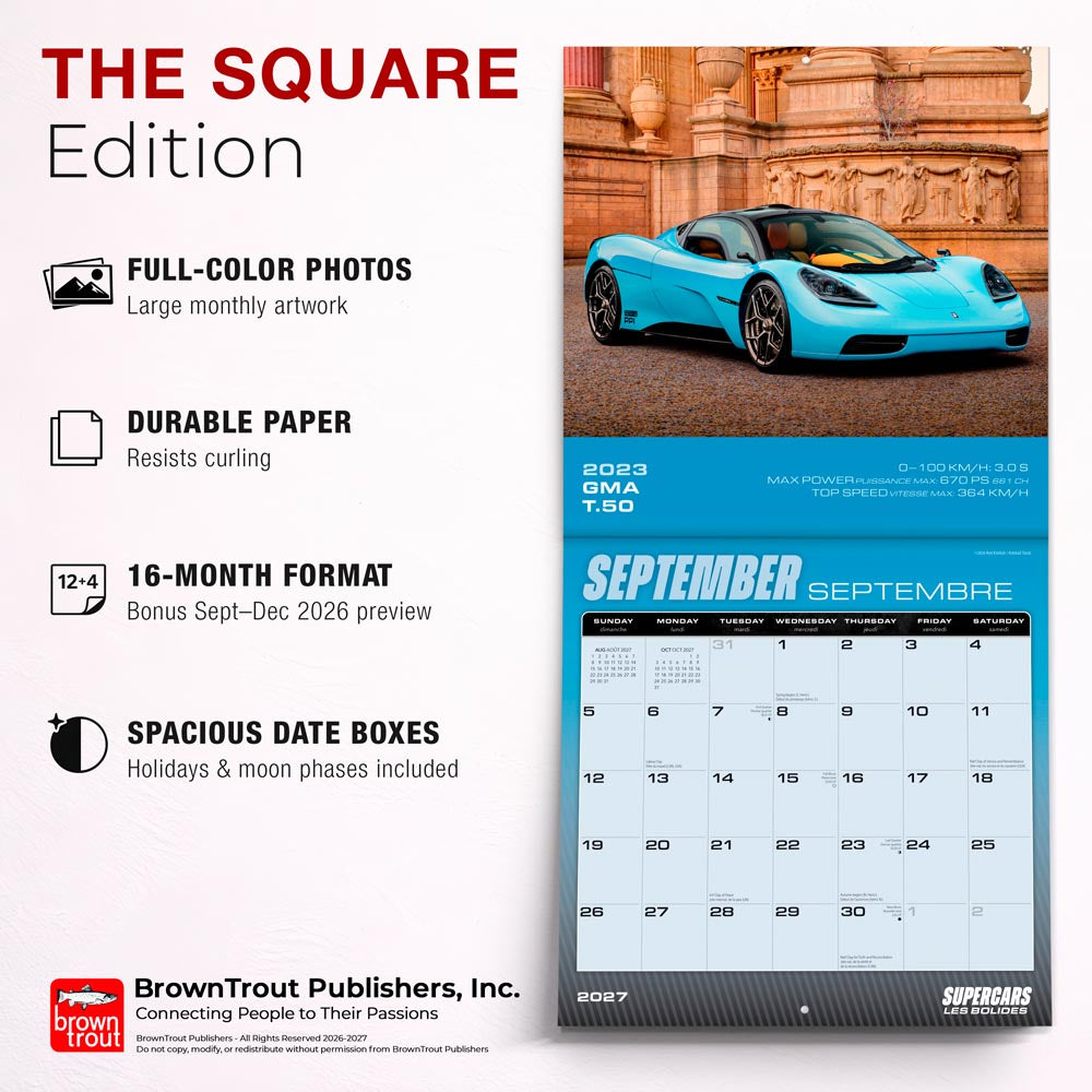 Supercars | 2027 12 x 24 Inch (Hanging) Monthly Square Wall Calendar | English/French Bilingual