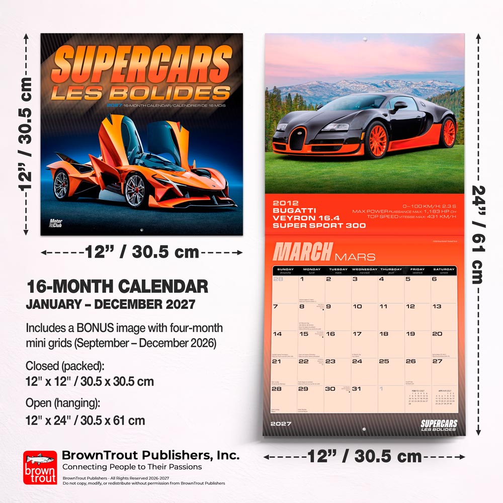 Supercars | 2027 12 x 24 Inch (Hanging) Monthly Square Wall Calendar | English/French Bilingual
