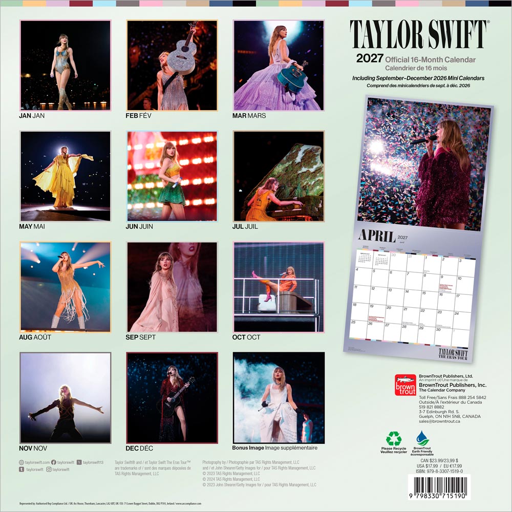 Taylor Swift OFFICIAL | 2027 12 x 24 Inch (Hanging) Monthly Square Wall Calendar | English/French Bilingual