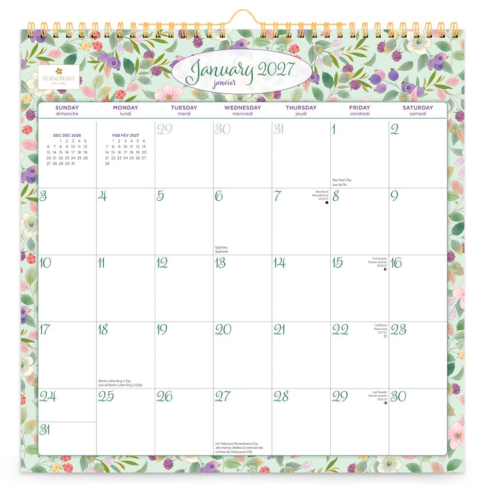 House of Turnowsky OFFICIAL | 2027 12 x 12 Inch (Hanging) Monthly Square Wire-O Calendar | Sticker Sheet | English/French Bilingual