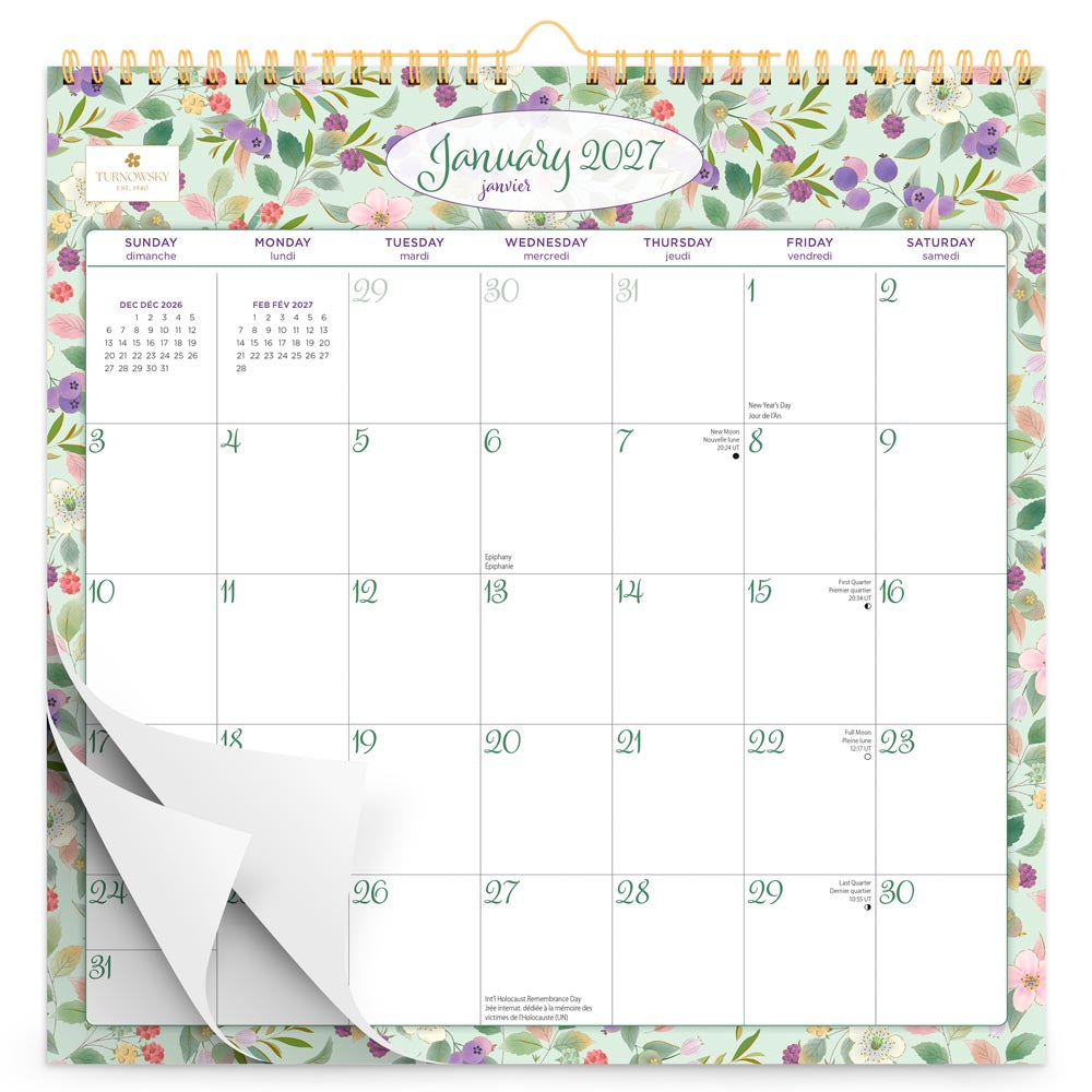 House of Turnowsky OFFICIAL | 2027 12 x 12 Inch (Hanging) Monthly Square Wire-O Calendar | Sticker Sheet | English/French Bilingual