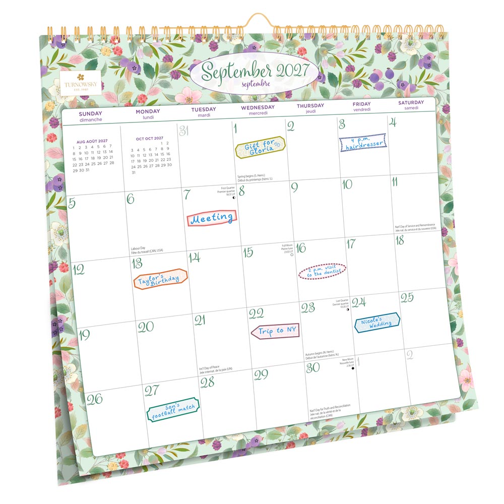 House of Turnowsky OFFICIAL | 2027 12 x 12 Inch (Hanging) Monthly Square Wire-O Calendar | Sticker Sheet | English/French Bilingual