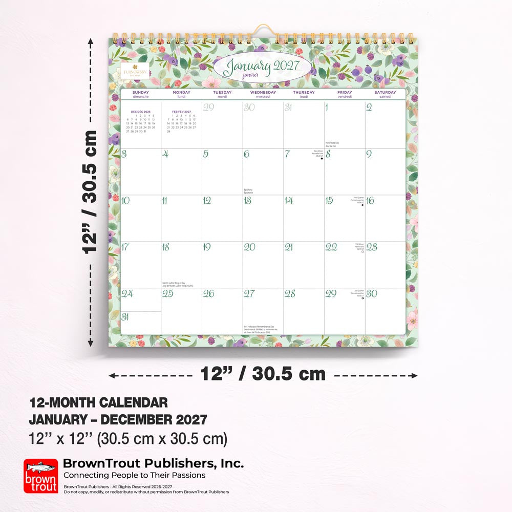 House of Turnowsky OFFICIAL | 2027 12 x 12 Inch (Hanging) Monthly Square Wire-O Calendar | Sticker Sheet | English/French Bilingual