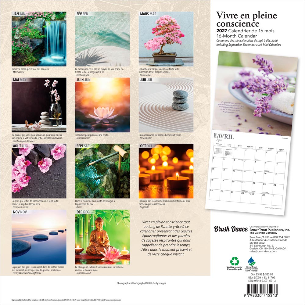 Vivre en pleine conscience | 2027 12 x 24 Inch (Hanging) Monthly Square Wall Calendar | French Language