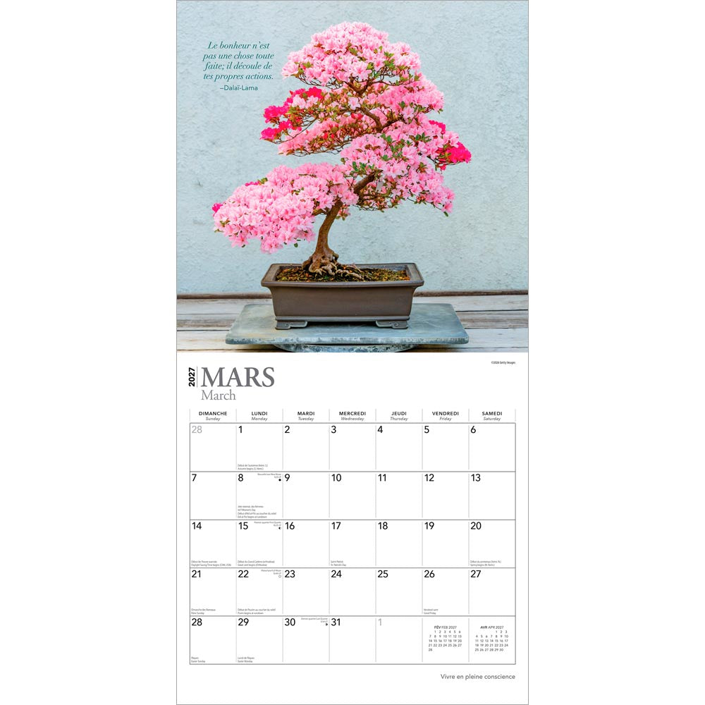 Vivre en pleine conscience | 2027 12 x 24 Inch (Hanging) Monthly Square Wall Calendar | French Language