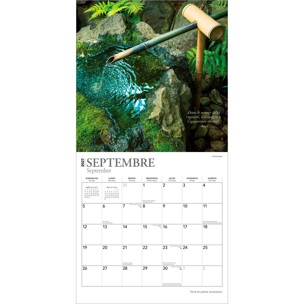 Vivre en pleine conscience | 2027 12 x 24 Inch (Hanging) Monthly Square Wall Calendar | French Language