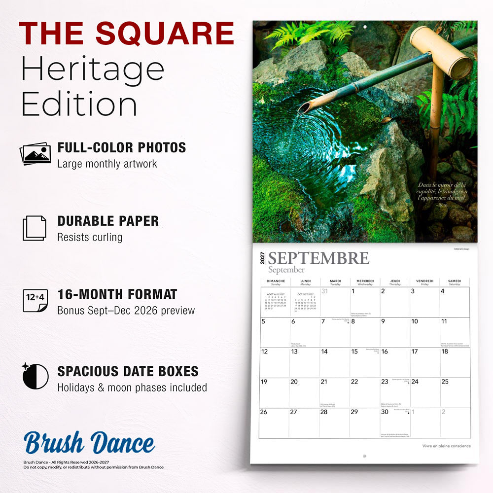 Vivre en pleine conscience | 2027 12 x 24 Inch (Hanging) Monthly Square Wall Calendar | French Language