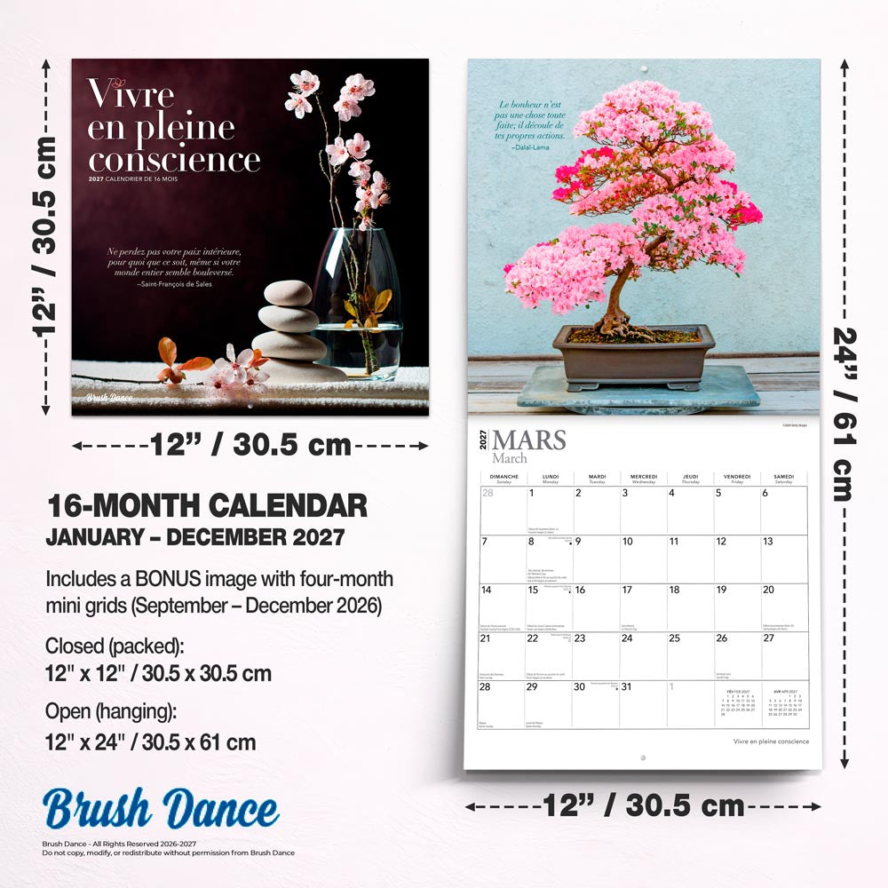 Vivre en pleine conscience | 2027 12 x 24 Inch (Hanging) Monthly Square Wall Calendar | French Language