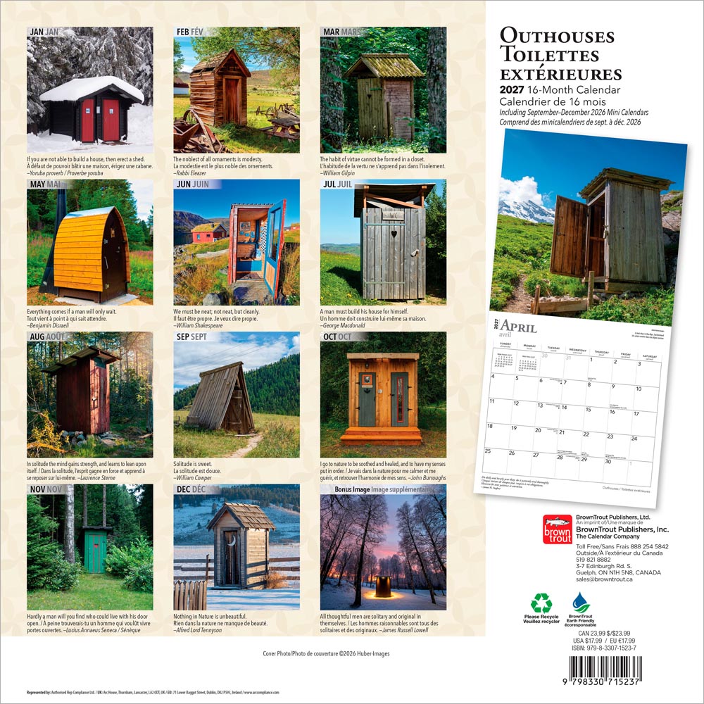 Outhouses | 2027 12 x 24 Inch (Hanging) Monthly Square Wall Calendar | English/French Bilingual