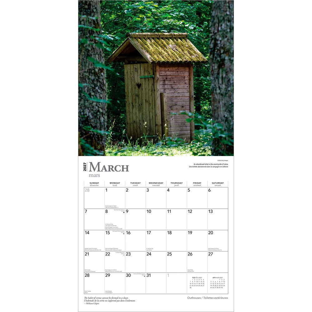 Outhouses | 2027 12 x 24 Inch (Hanging) Monthly Square Wall Calendar | English/French Bilingual