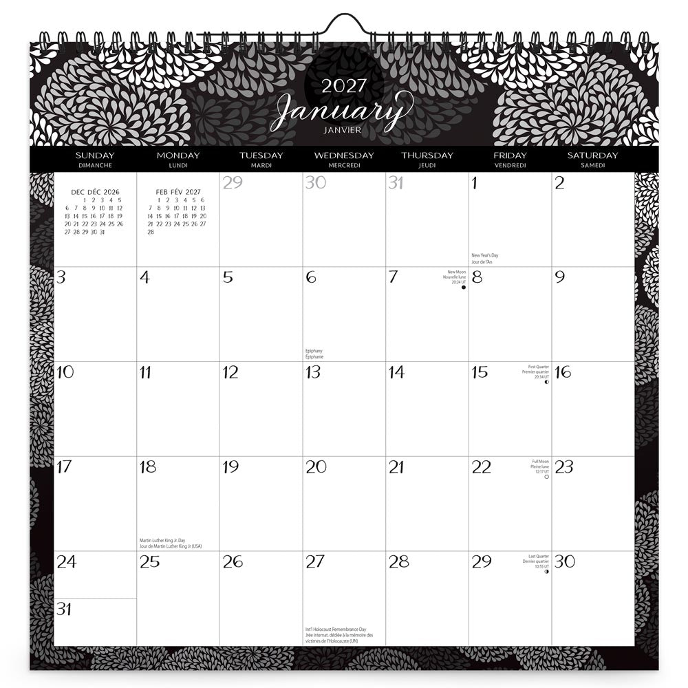 Pen & Ink | 2027 12 x 12 Inch (Hanging) Monthly Square Wire-O Calendar | English/French Bilingual | Sticker Sheet