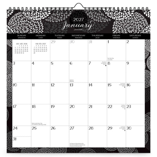 Pen & Ink | 2027 12 x 12 Inch (Hanging) Monthly Square Wire-O Calendar | English/French Bilingual | Sticker Sheet