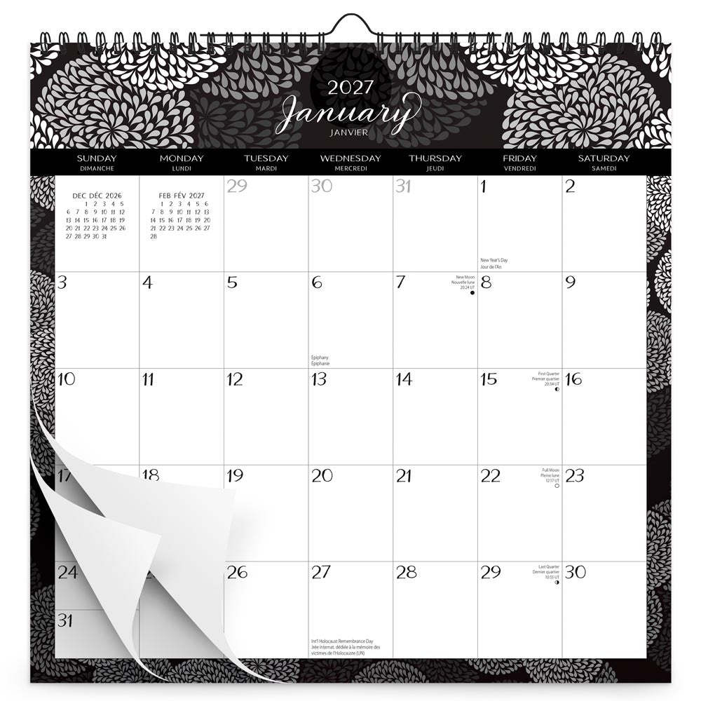Pen & Ink | 2027 12 x 12 Inch (Hanging) Monthly Square Wire-O Calendar | English/French Bilingual | Sticker Sheet