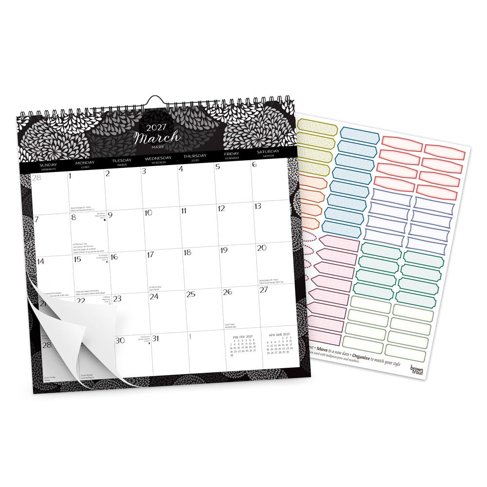 Pen & Ink | 2027 12 x 12 Inch (Hanging) Monthly Square Wire-O Calendar | English/French Bilingual | Sticker Sheet