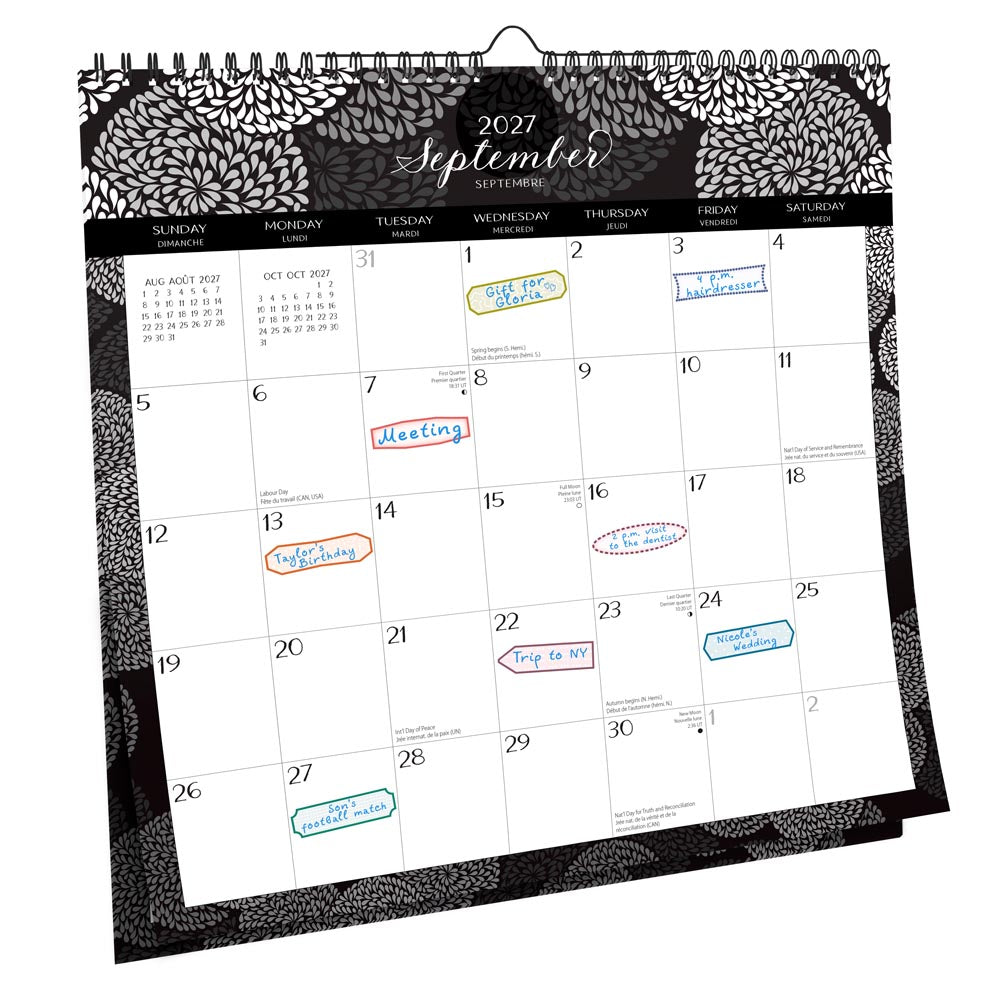 Pen & Ink | 2027 12 x 12 Inch (Hanging) Monthly Square Wire-O Calendar | English/French Bilingual | Sticker Sheet