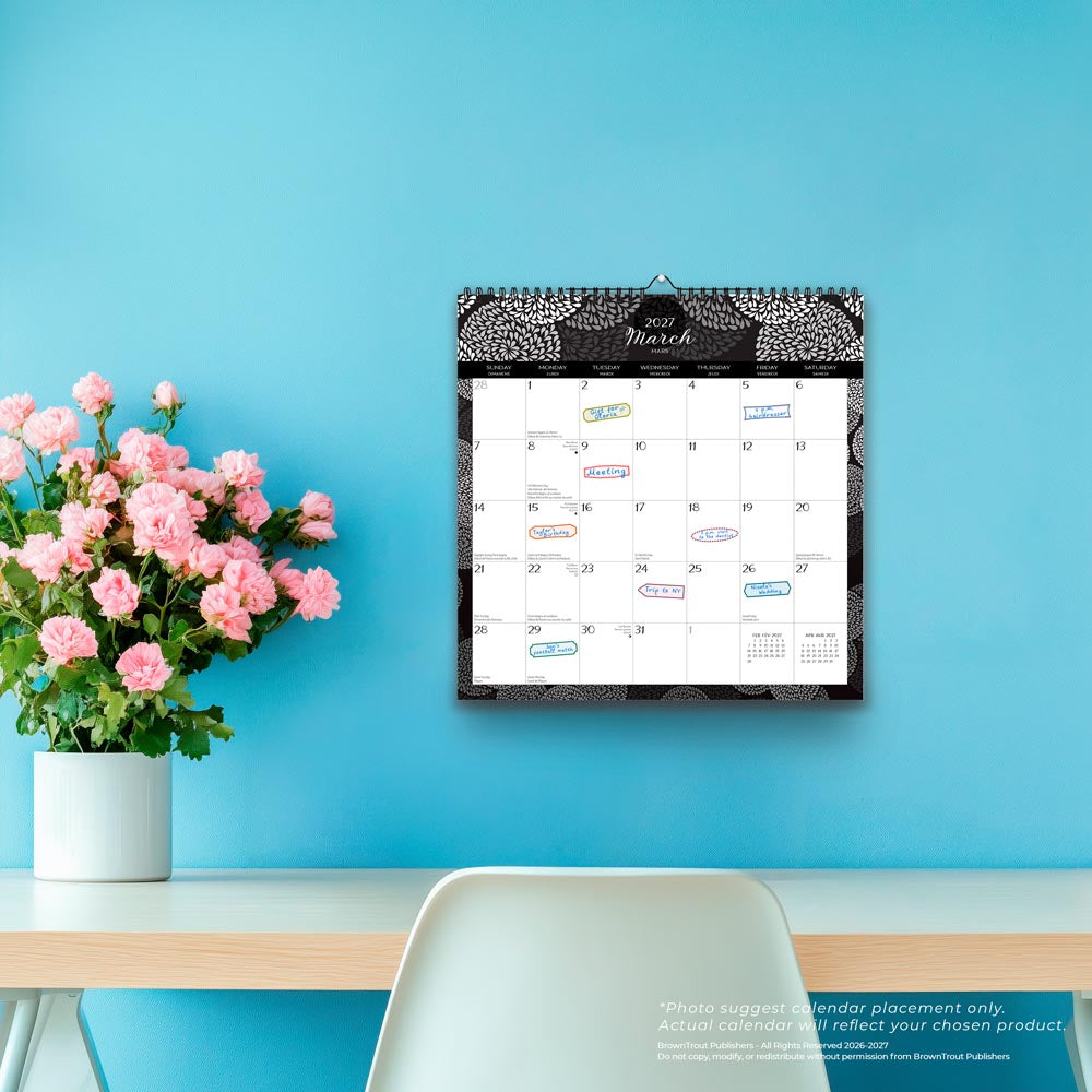 Pen & Ink | 2027 12 x 12 Inch (Hanging) Monthly Square Wire-O Calendar | English/French Bilingual | Sticker Sheet