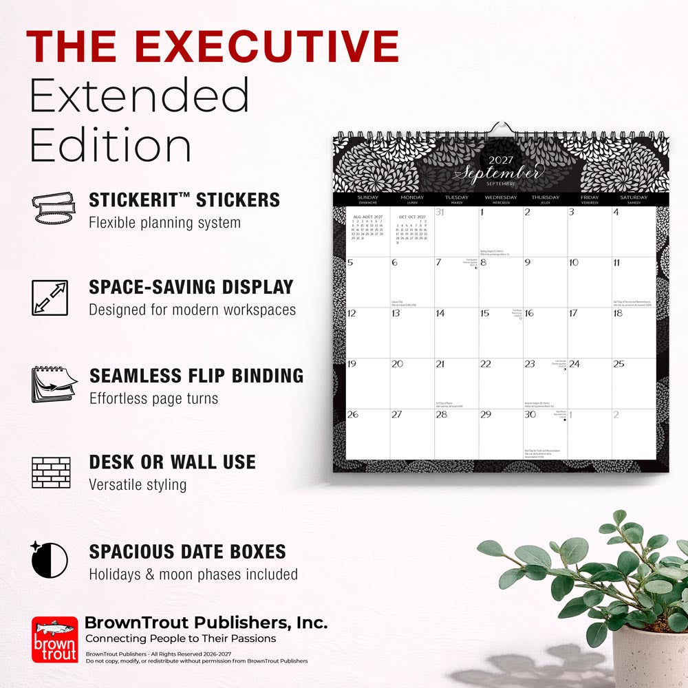 Pen & Ink | 2027 12 x 12 Inch (Hanging) Monthly Square Wire-O Calendar | English/French Bilingual | Sticker Sheet