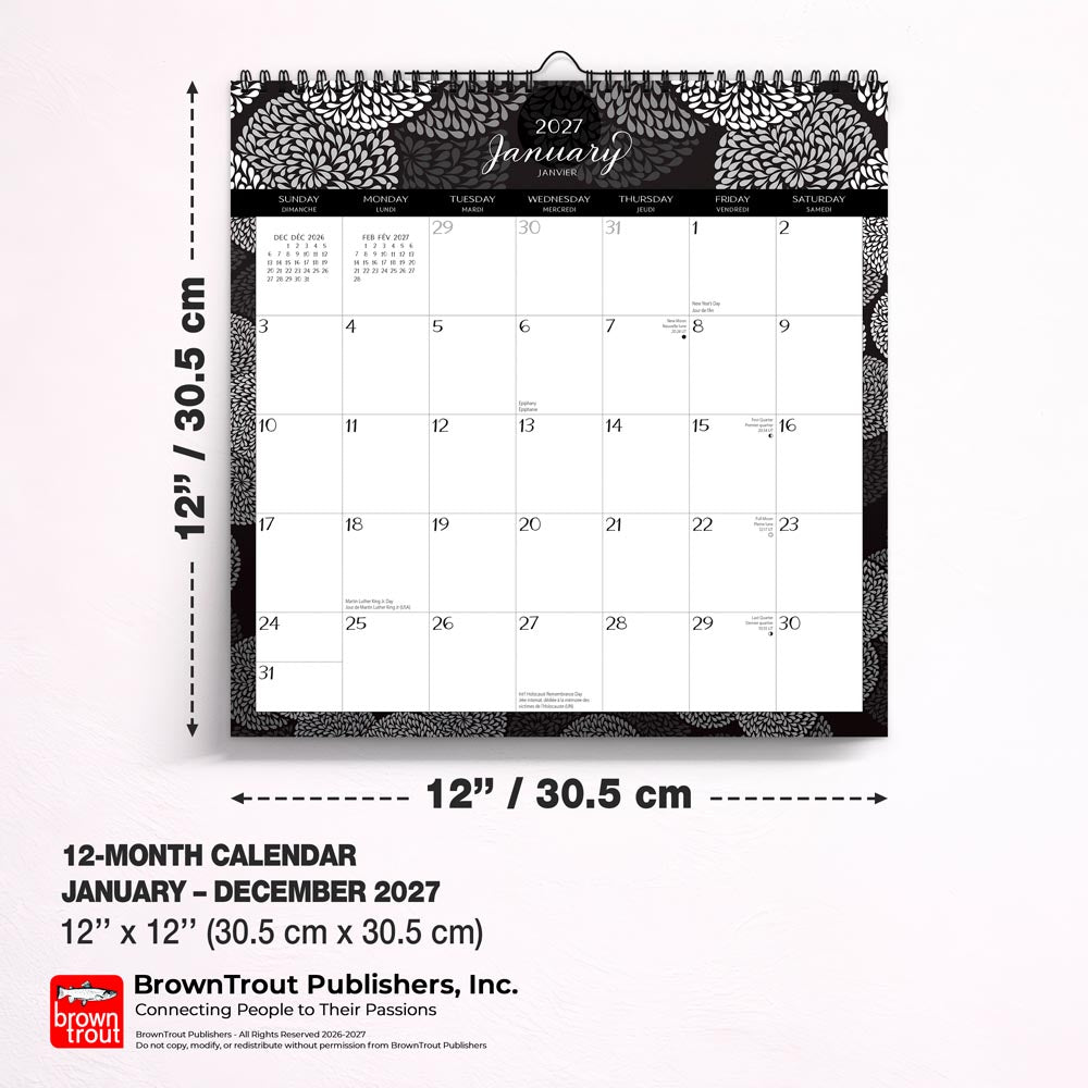 Pen & Ink | 2027 12 x 12 Inch (Hanging) Monthly Square Wire-O Calendar | English/French Bilingual | Sticker Sheet