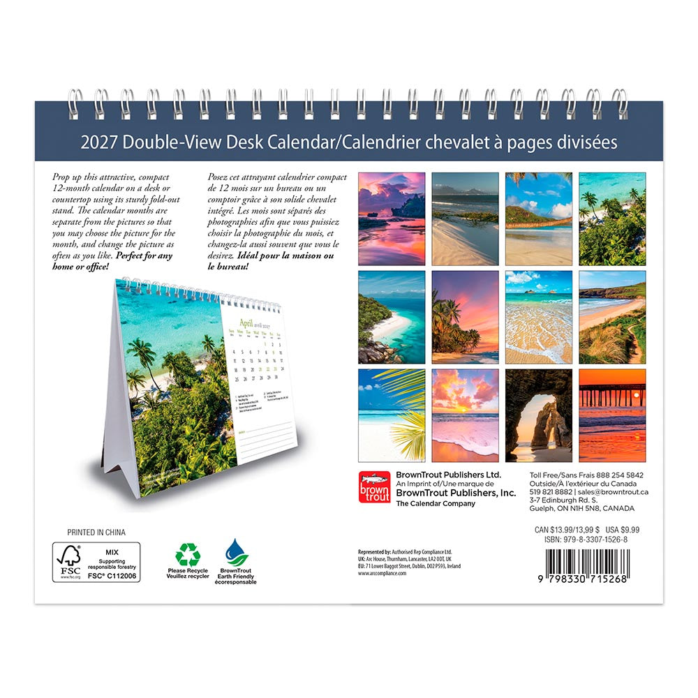 Beaches | 2027 7.5 x 6 Inch Monthly Double-View Easel Desk Calendar | English/French Bilingual