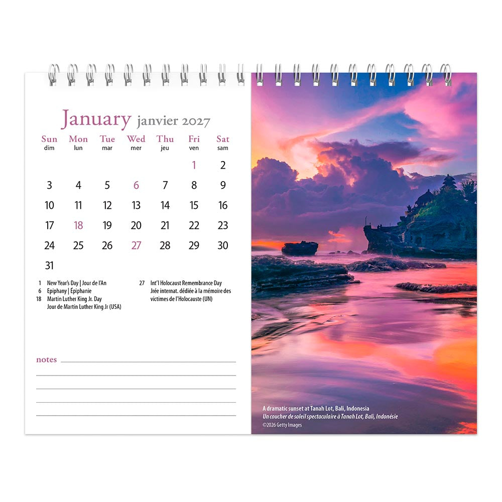 Beaches | 2027 7.5 x 6 Inch Monthly Double-View Easel Desk Calendar | English/French Bilingual