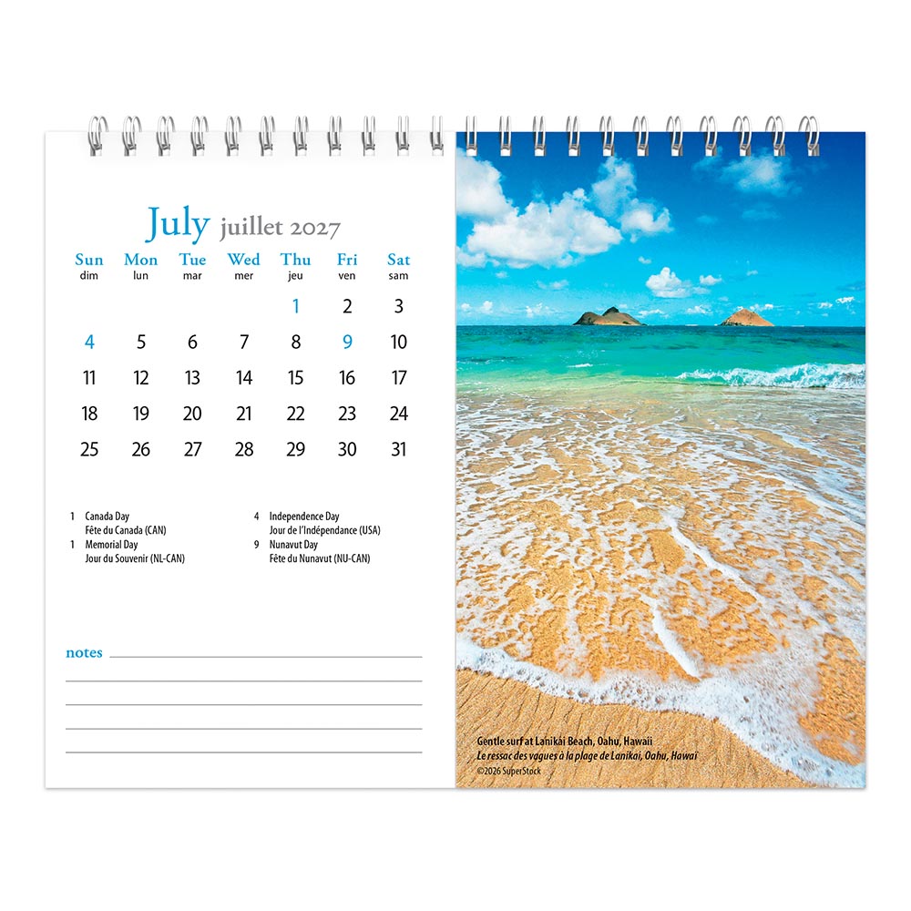 Beaches | 2027 7.5 x 6 Inch Monthly Double-View Easel Desk Calendar | English/French Bilingual